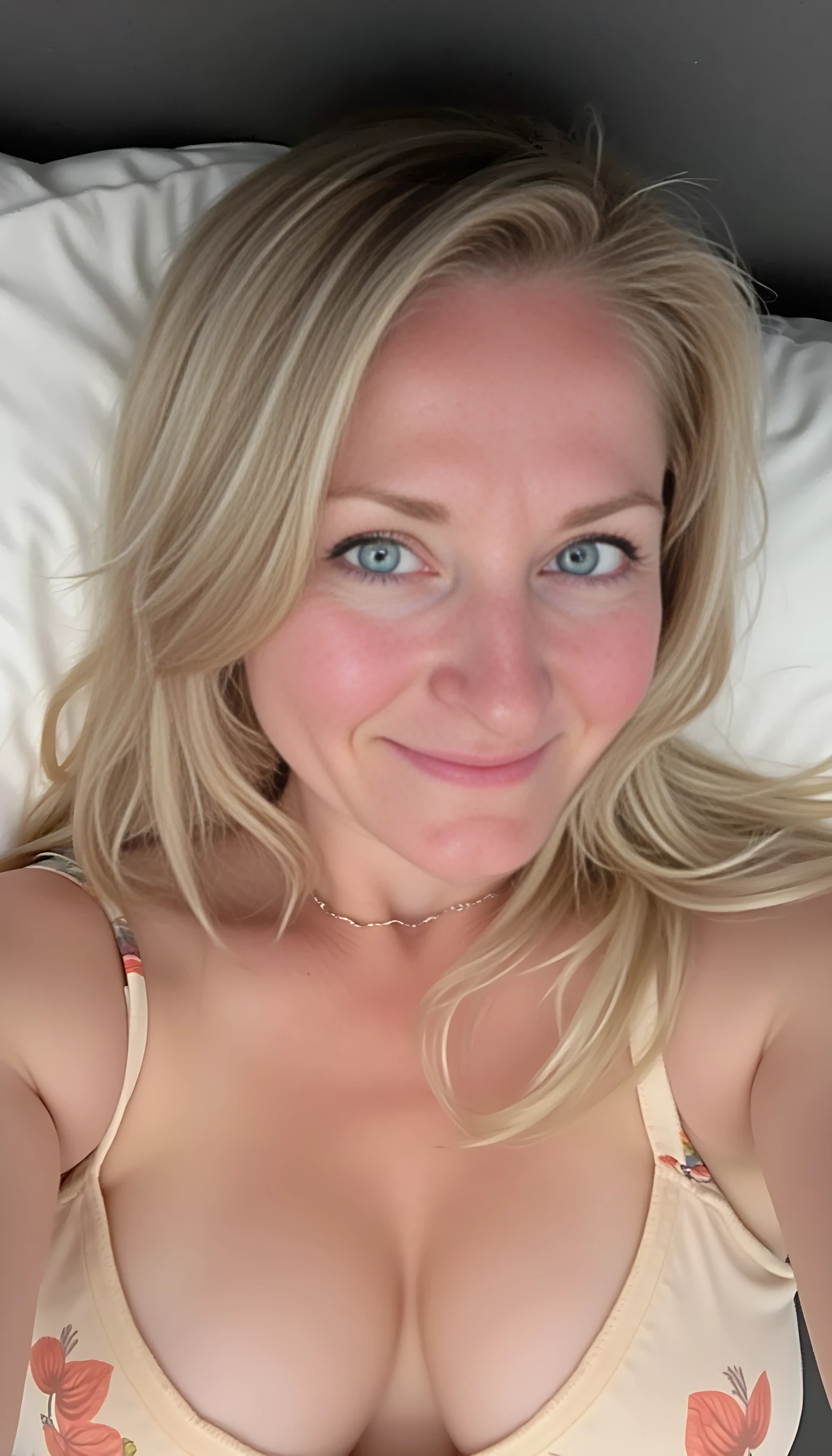 Amateur photography of A full body photo of CSTMDL Abby. She will be laying on her back with her legs spread wide open. She will be nude. She will have medium size breasts. She will be smiling.
