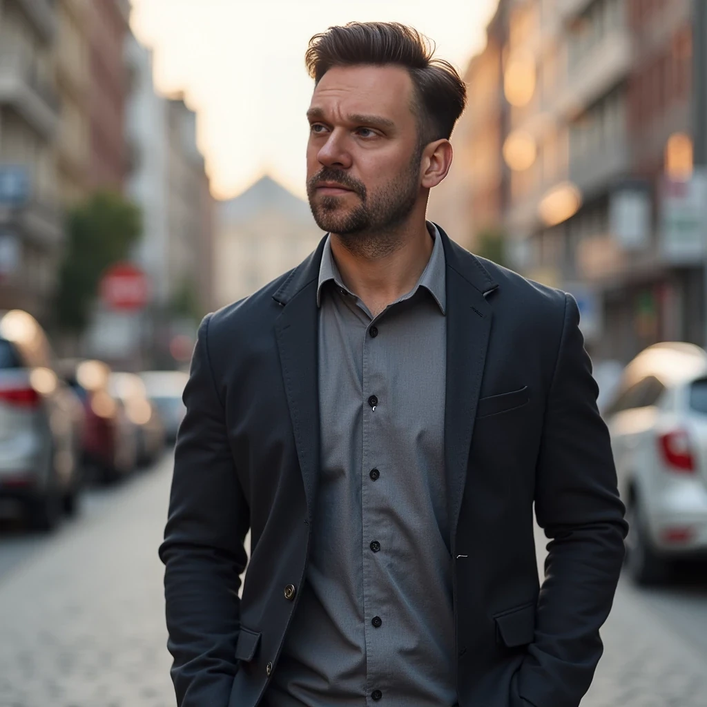 Portrait of 35 year old fit man walking on street