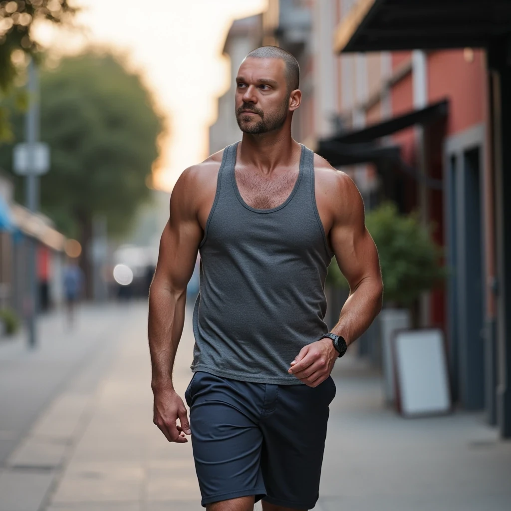 Portrait of 35 year old fit man walking on street