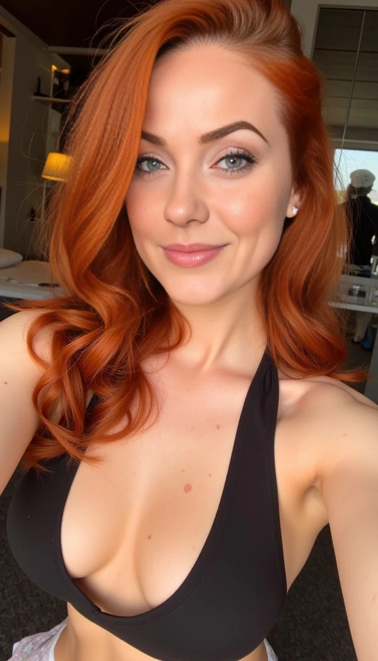 boring low quality snapchat photo circa 2015, a fit woman model as fitness influencer wearing gym outfit in the bodybuilding gym, a curvy and confident woman with full soft facial features, deep-set green eyes framed by long lashes, expressive brows, a heart-shaped face, full rosy lips, light freckles across cheeks, porcelain skin with a natural blush, long thick red hair with loose curls, parted to the side, subtle eyeliner and peach-toned makeup, inviting warm smile, photorealistic, golden hour lighting, natural glow, pin-up inspired but modern