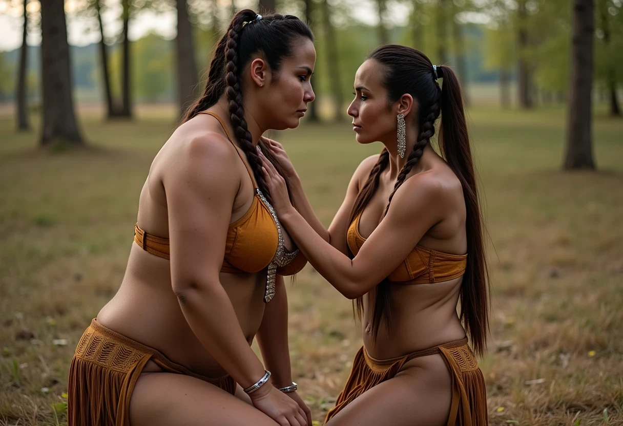A medium shot photo of woman CSTMDL, a 25-year-old native American woman. The woman who is Native American in appearance has light tan skin tone, she is tall with a petite slender skinny build, petite small boobs, flat chest, her nipples are small petite and dark skinned with long hard pointy nipple ducts that visiblly poke through her bra. She is wearing her hair in a native American style with 2 long braids. She is wearing a sexy native American smoked hide outfit in a golden yellow color, in a wooded area she is kneeling bent over in front of a fat obese native American man with her ass pressing against his crotch, She is maintaining intense eye contact with the camera staring stoically without any other expression at all. The composition captures a casual, candid moment, romantic setting, Hyper realism, captured with a nikon d850, 16k, uhd, ultra-sharp focus, depth of field, perfect meshes and textures, highly detailed, highly accurate reflections, volumetric fog, volumetric lighting, volumetric light, hdr, ray tracing, cinematic shooting style,