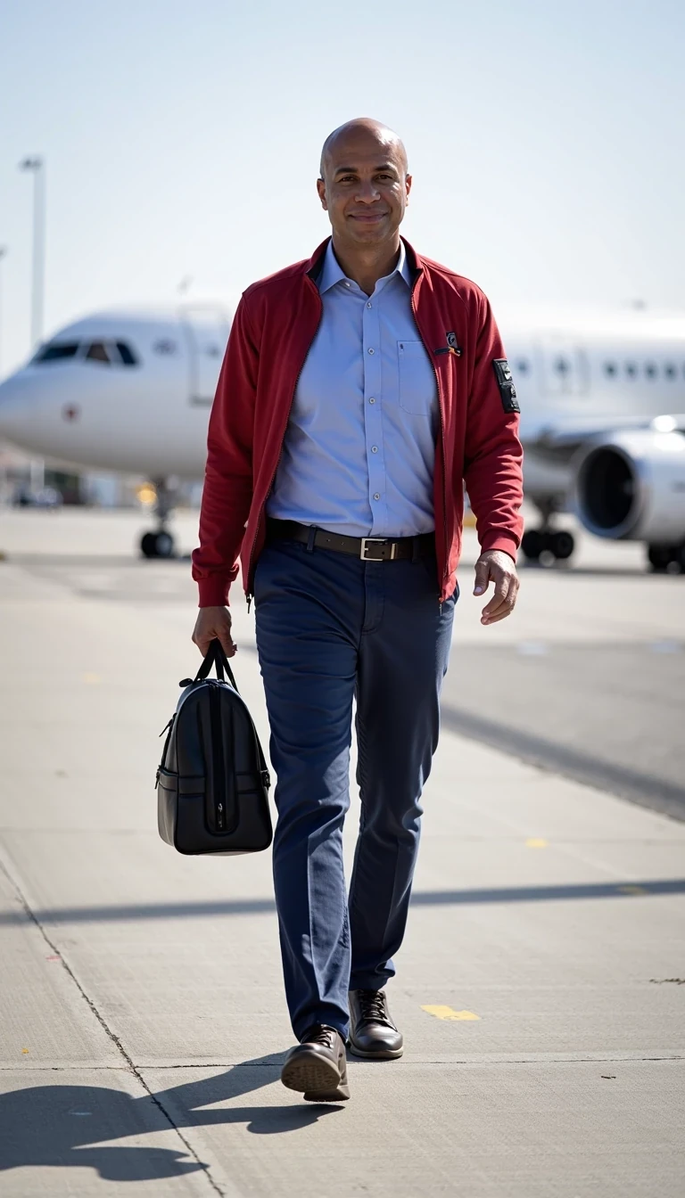 full body, cstmdl, walking on tarmac , smiling, bald