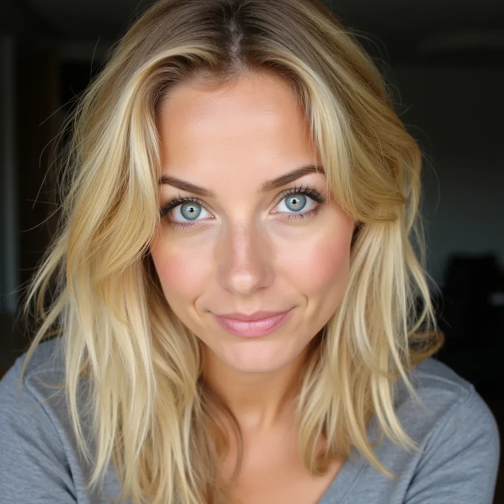 A 25-year-old woman with strikingly bright blue eyes and blond hair