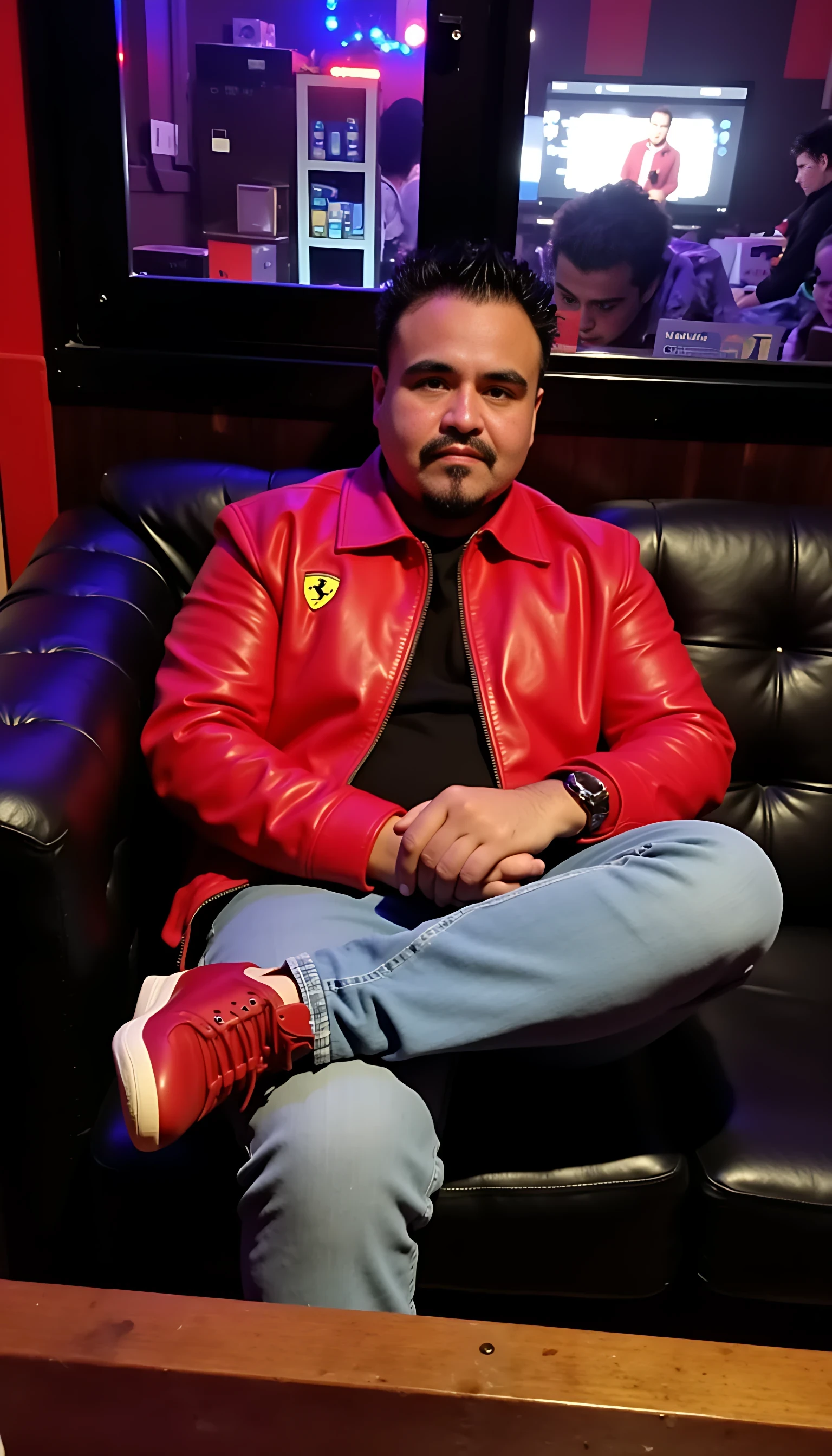 CSTMDL average man body  seating in a couch leg crossed wearing a light blue jeans with a red leather Ferrari logo jacket and red shoes  with a nightclub background 