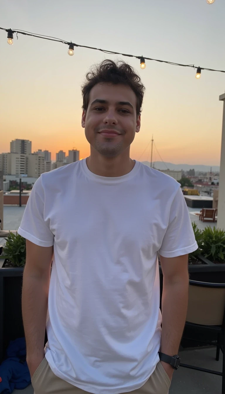 boring low quality snapchat photo of handsome 20 year old man smiling, CSTMDL, POV at a casual rooftop bar during golden hour. A man stands near the edge, wearing a white t-shirt and beige pants, hands casually tucked into his pockets. He looks toward you with a relaxed expression, warm lighting, string lights above, city skyline behind him