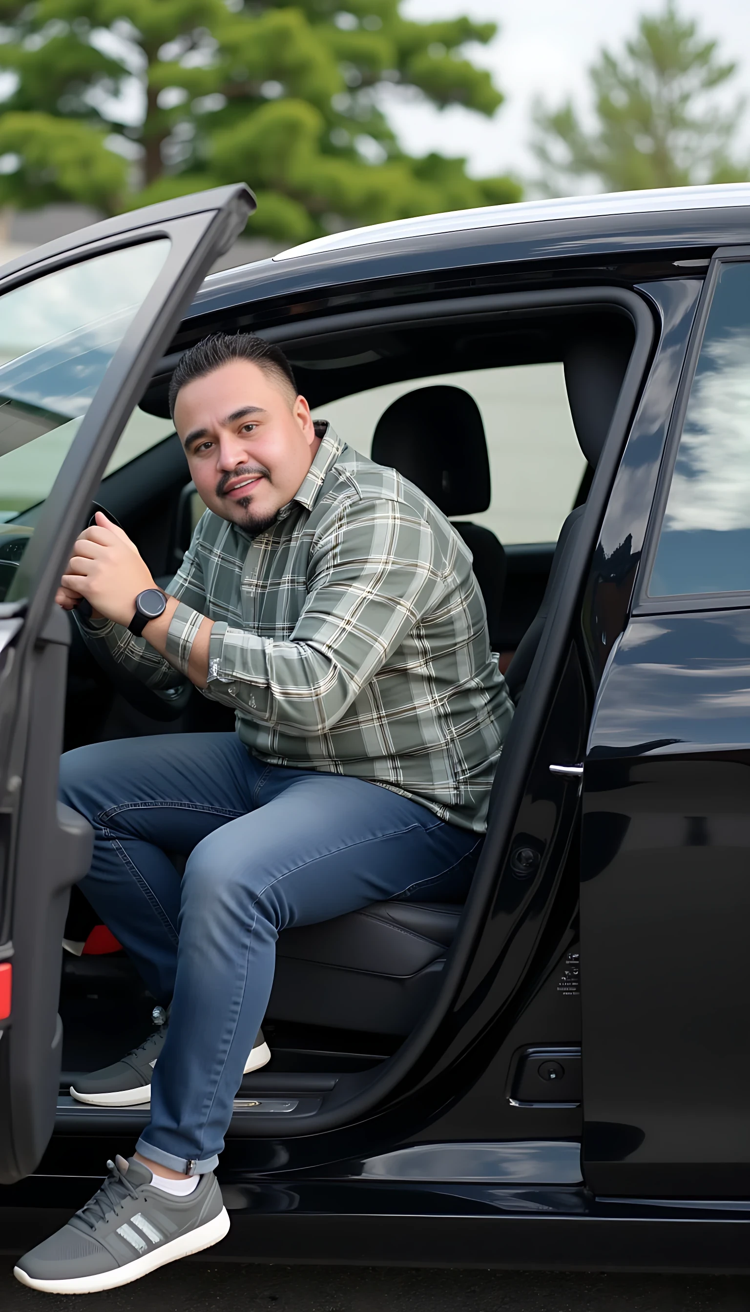 Man full average body driving a luxury car 