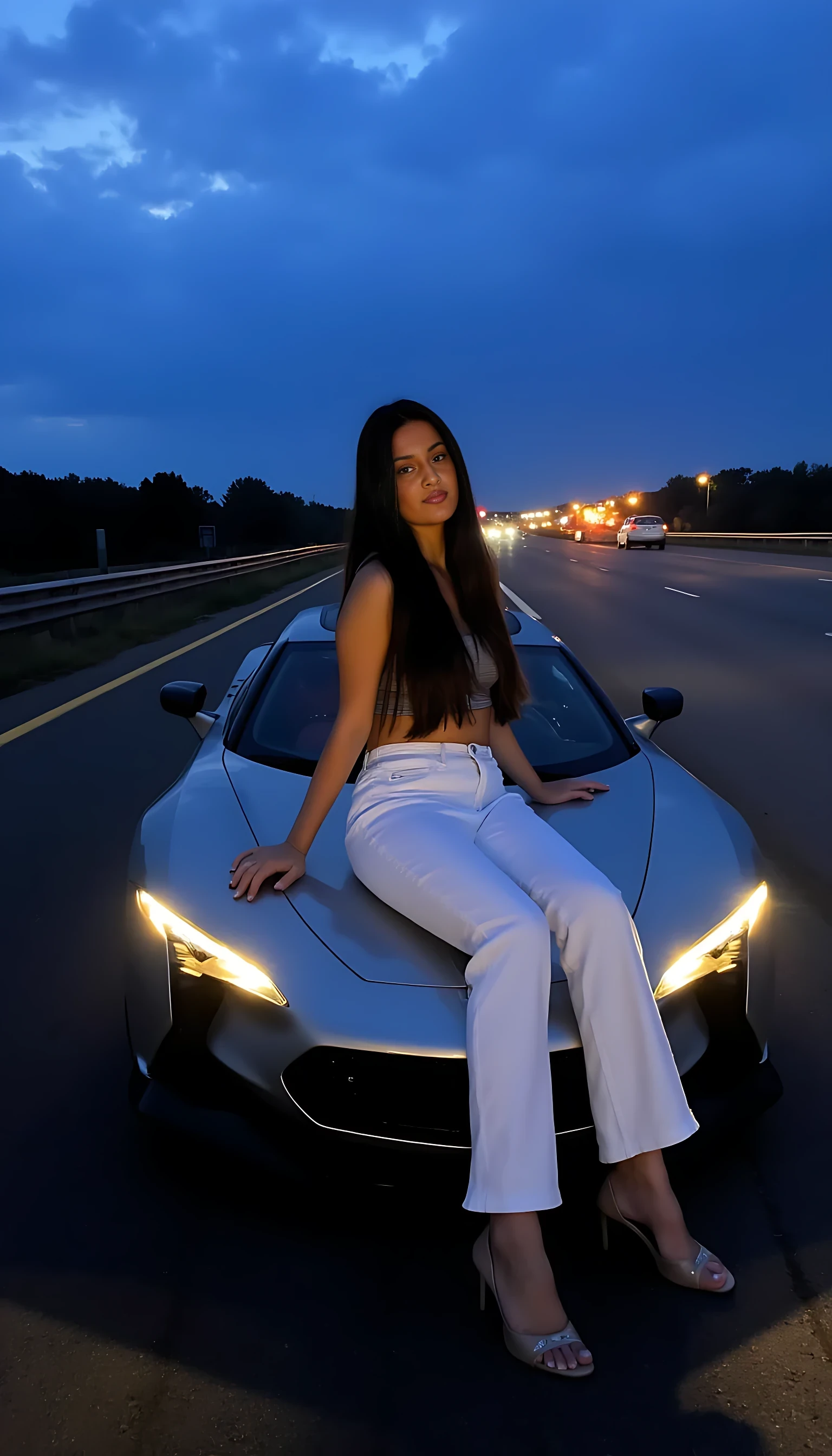 A young woman is sitting on the hood of a sleek, modern sports car during twilight on a highway. The car's headlights are on, illuminating the asphalt. She is wearing stylish white pants and a matching top, with long dark hair cascading over her shoulders. The sky is transitioning into night, with deep blue tones and scattered clouds. Headlights of distant cars create a line of light in the background.