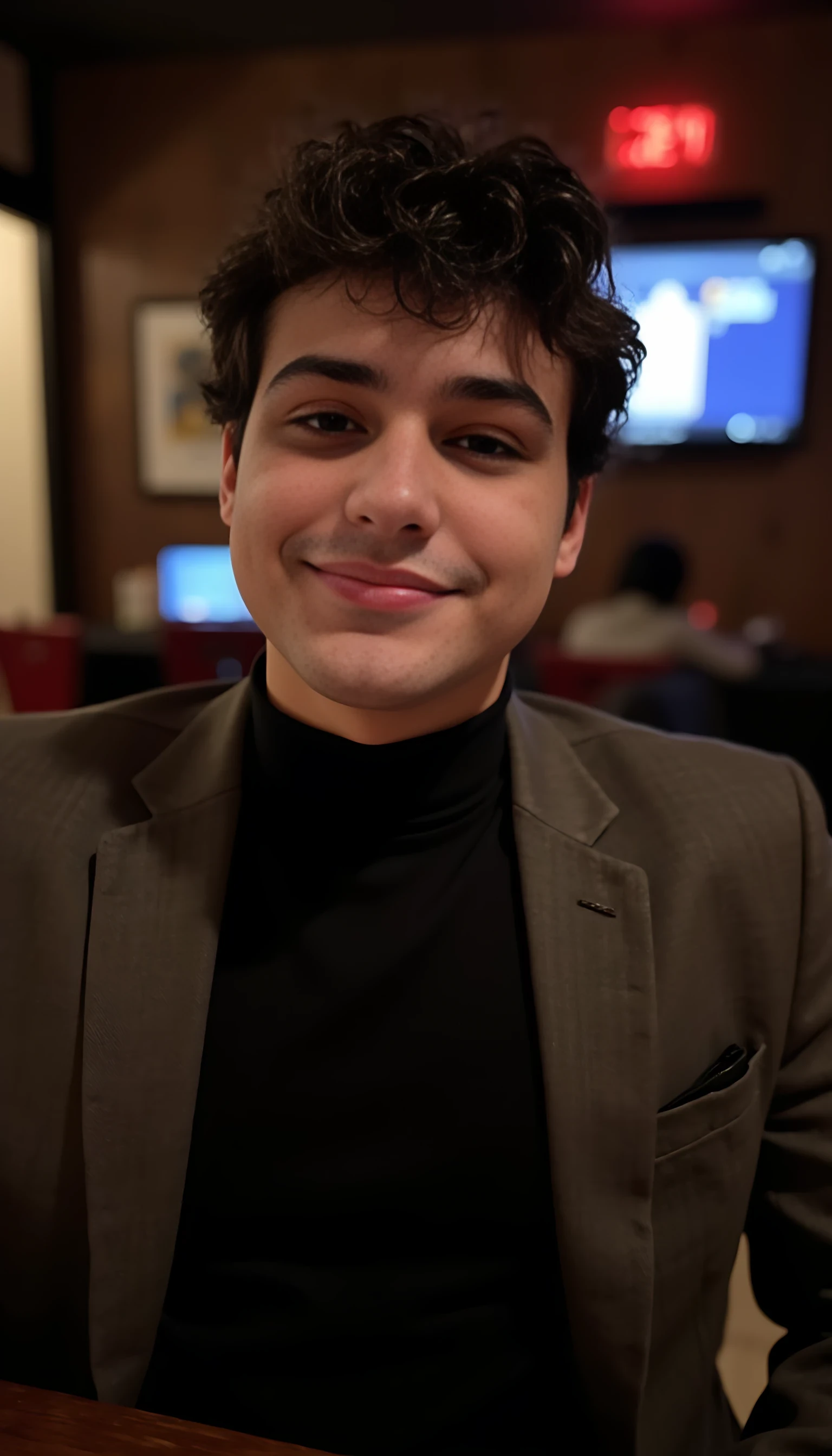 Boring low-quality Snapchat photo of a handsome 20-year-old man smiling at night, CSTMDL style. He's in a retro-chic bar with dim lighting and dark wood interior. Wearing a black turtleneck and gray wool blazer, subtle gold ring, and tousled hair. Cinematic mood, relaxed confident pose, looks like a spontaneous low-res phone picture with light grain and soft lens blur.