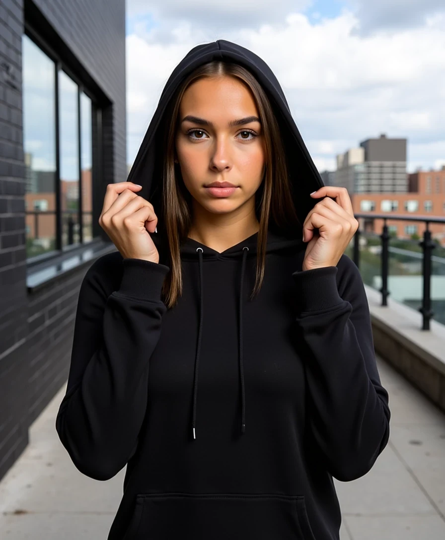 picture of a CSTMDL
Big tits. Large ass. No hip dips. Fit. Wide hips.
She is an 18-year-old girl with long, smooth, medium-dark brown hair (straight to slightly wavy), parted near the center. Her eyes are large, almond-shaped, and warm brown with full lashes and arched brows. She has an hourglass figure: height ~64 in, bust 36 in (28 in underbust), waist 24 in, hips 39 in. Bust is full and projected, waist narrow and flat, hips broad and rounded with lifted glutes. Thighs are full (~24 in), tapering to proportional calves. Arms are slim (~9 in upper arm), shoulders softly broad and balanced with hips. Neck medium, torso compact with a narrow ribcage, legs long relative to torso. Posture upright with mild anterior pelvic tilt. Skin is smooth, lightly tanned, and even-toned.
Scene/Background:
The photo is taken outdoors against an urban backdrop. A black brick wall runs along the left side, and part of a building with large reflective windows extends above. In the background, rooftops and a partly cloudy sky are visible, adding depth and context.

Pose & Camera Angle:
The subject is facing directly into the camera in a close-up shot. Her hood is up, framing her face, with her expression calm and slightly serious. The camera angle is straight-on at eye level, making the image feel direct and personal.

Outfit & Accessories:
She is wearing a black hoodie, the hood drawn forward to frame her face. The hoodie fabric appears soft and structured, with visible stitching and drawstrings adding casual detail. No other accessories are immediately visible, keeping the look minimal and urban.

Lighting:
Natural daylight brightens the image, with soft shadows giving subtle depth around the hood and facial contours. The even, cool-toned light works with the outdoor environment, balancing the darker hoodie with the brighter sky and surroundings.

Mood/Vibe:
The overall mood is casual, urban, and understated. The dark hoodie against the city backdrop creates a streetwear-inspired look, while the neutral expression adds a touch of raw, candid energy. The composition feels authentic and modern, aligning with everyday city style.