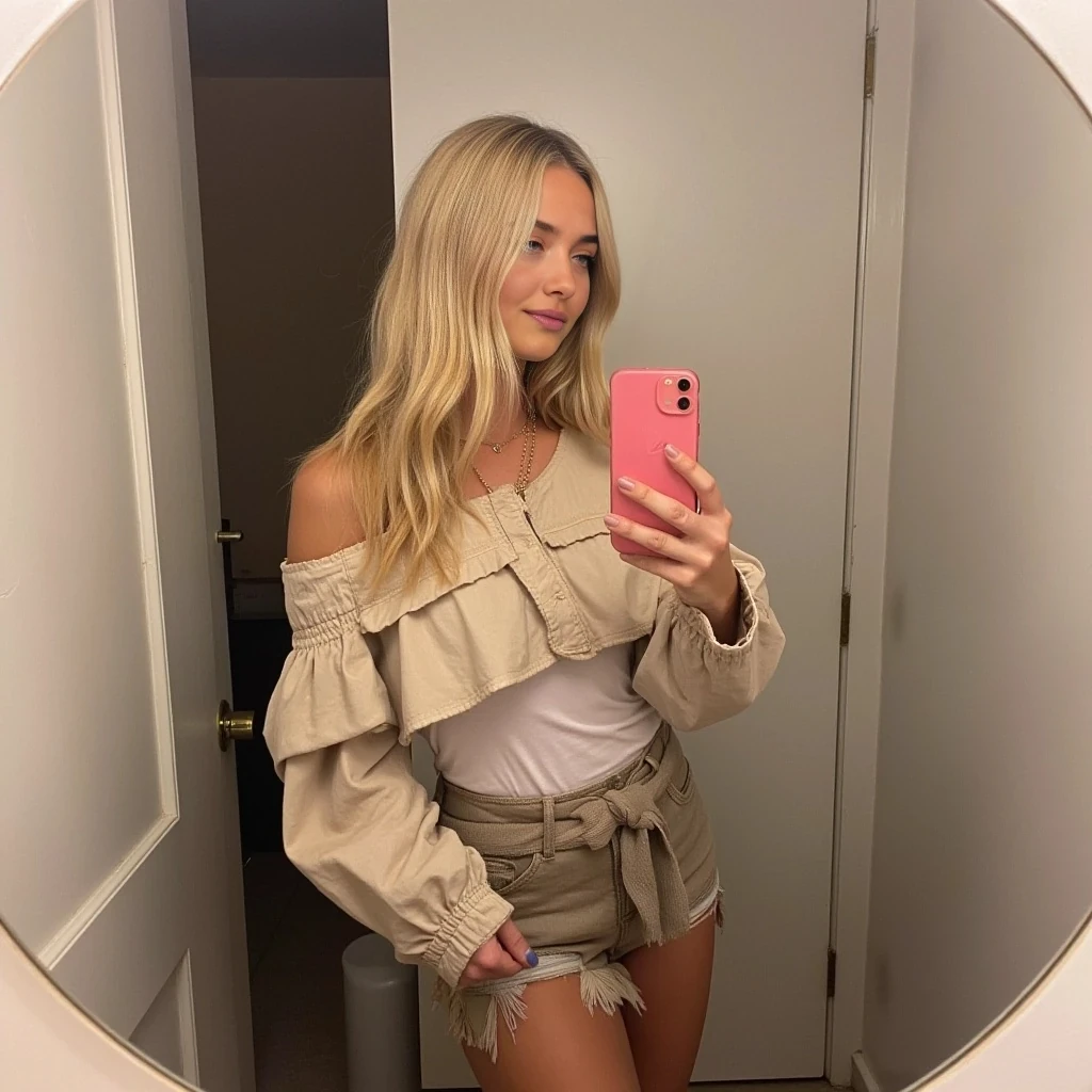 boring low quality snapchat photo circa 2015, cute woman, soft light blonde hair, full outfit