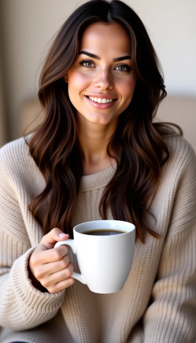 CSTMDL, photorealistic portrait of a beautiful brunette woman with long wavy hair, sitting in a cozy sweater, holding a white coffee mug, soft morning light, candid smile, lifestyle photography --exclude cartoon, anime, cgi, illustration, doll-like, AI glow













