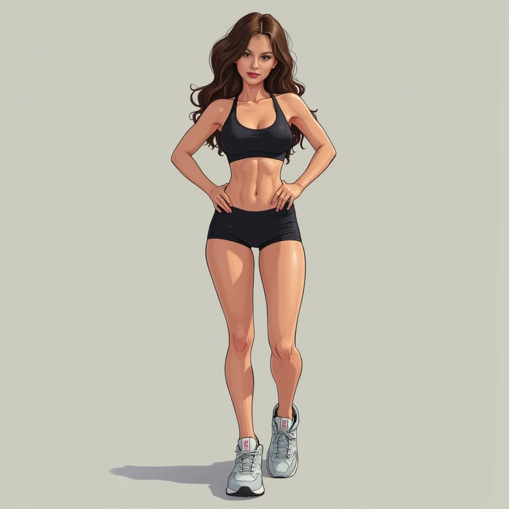 cute woman, hot pants, sneakers, sports bra, brunette hair