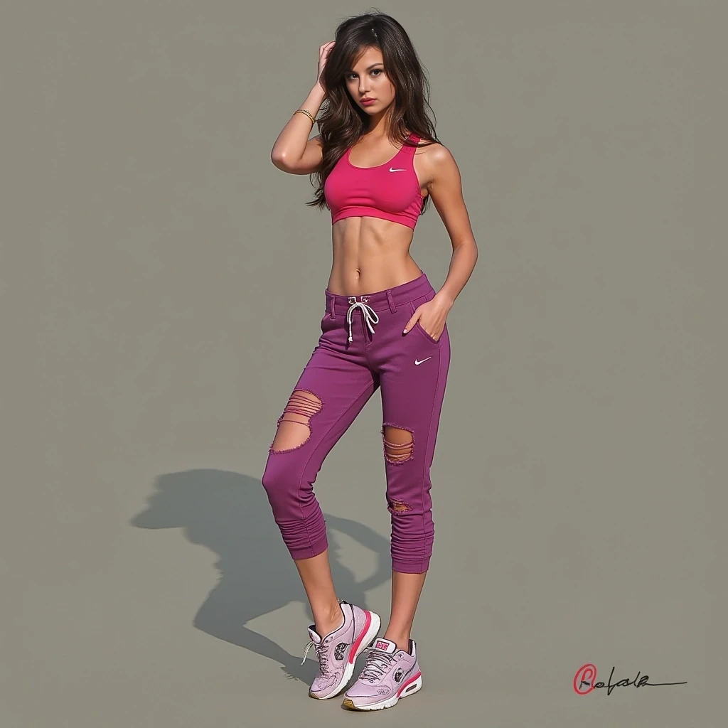 cute woman, hot pants, sneakers, sports bra, brunette hair