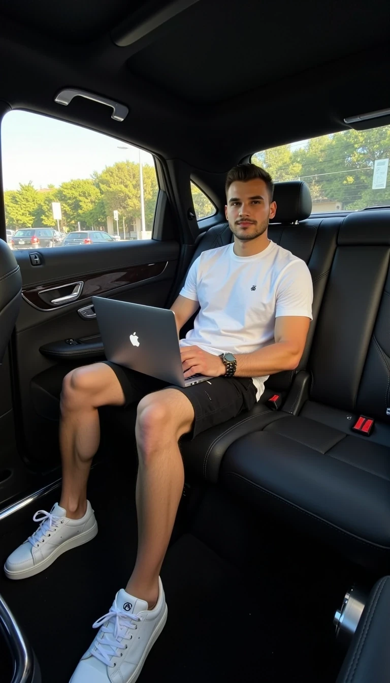 Photorealistic full-body photo of a young handsome man, he wears white t-shirt, black shorts, white sneakers, He sits comfortably in the back seats of a Mercedes Maybach, with a MacBook on his lap.

Lifestyle influencer aesthetic, cinematic realism, ultra-detailed, 8K
The photo feels cinematic, influencer-style, high quality, professional composition.
Well lit picture, Style: Photorealistic Lighting: studio lighting 
Details: Bright Lighting, High Detail, 4K
he stand infront of camera , photoghraped by a photograph
