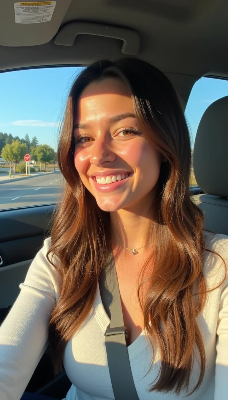 boring low quality snapchat photo circa 2015, A young woman with a warm smile, sitting in the driver's seat of a cozy car. She has soft, wavy brown hair cascading past her shoulders. The sunlight streams through the window, casting a gentle glow on her face. The interior of the car is neat and comfortable, with a coffee cup in the cup holder and a small plant on the dashboard. The background outside the window shows a scenic road lined with trees and blue skies