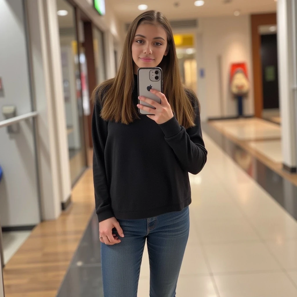 boring low quality snapchat photo circa 2015, average looking woman, full outfit, standing, soft light brown hair, mall background