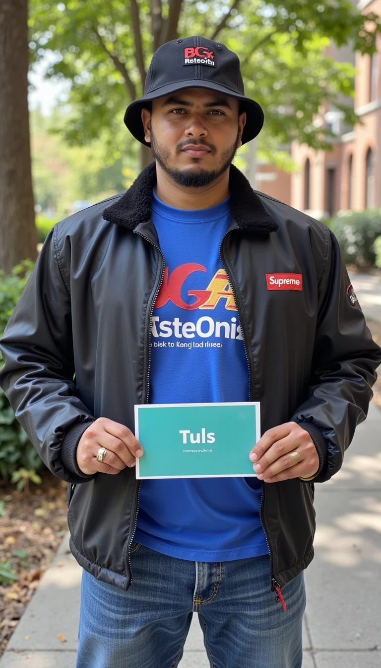 CSTMDL in supreme brand outfit holding a sign that says "Tuls"
