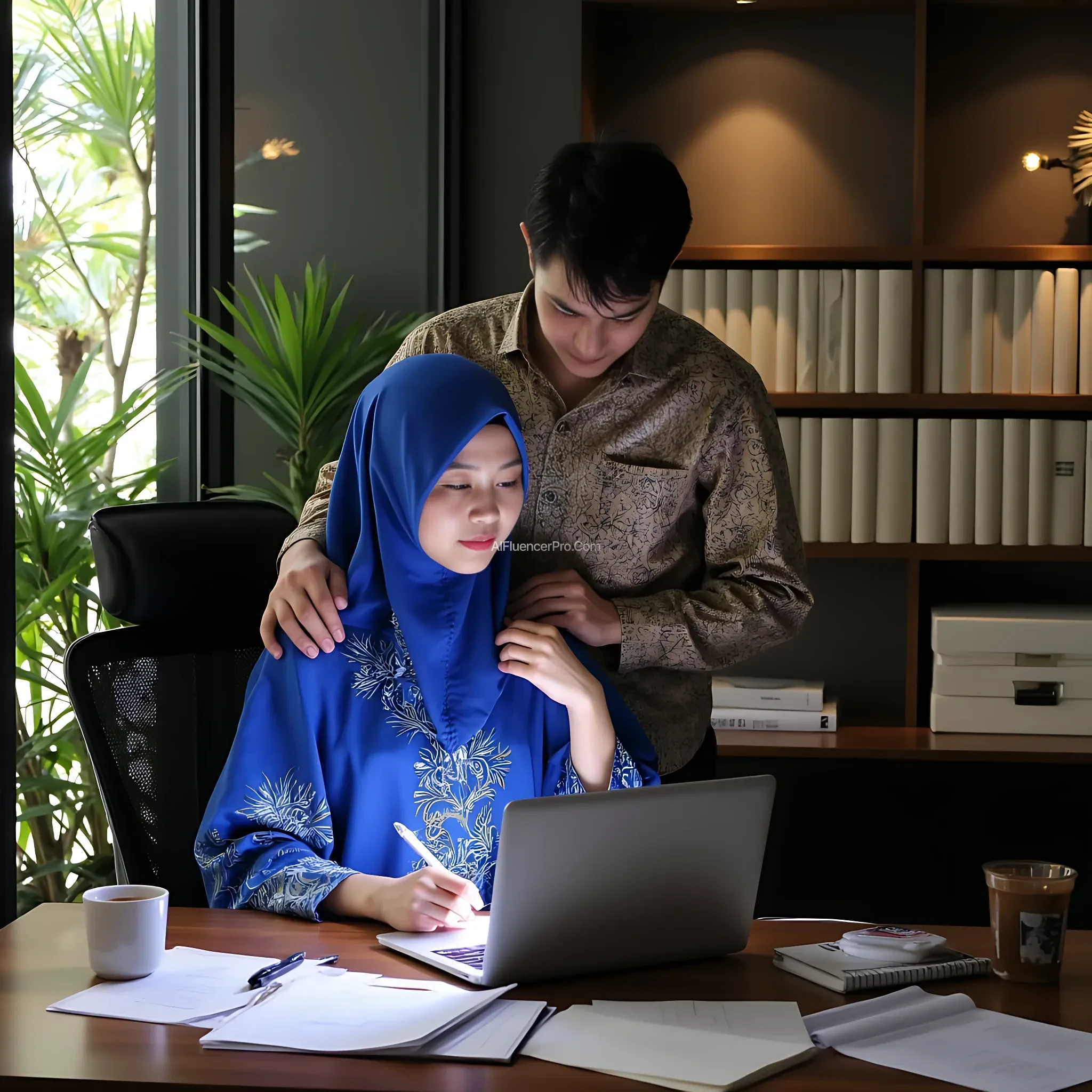 A 4K digital ficture in (best quality a hyper-realistic) style depicting a young couple in a modern workspace. (Wonder woman), wearing an elegant (bright blue batik robe, "Sogan Batik") sits in an ergonomic chair while focusing on her laptop. (Her long blue hijab was neatly tucked back) , with the light from the laptop screen softly illuminating her face. (The man, "wearing a light brown batik shirt "Sogan Batik" with black), stood behind her while gently holding the collar of her robe, his expression calm but protective. The room has an elegant minimalist design, with large windows that let in natural light, a bookshelf full of books, and a work desk filled with papers and cups of coffee. The atmosphere is warm, professional and intimate, with attention to detail in texture and lighting. Sharp focus. HD. 8K. 32K