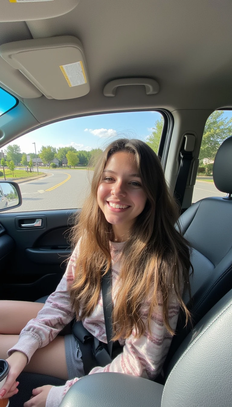 boring low quality snapchat photo circa 2015, A young woman with a warm smile, sitting in the driver's seat of a cozy car. She has soft, wavy brown hair cascading past her shoulders. The sunlight streams through the window, casting a gentle glow on her face. The interior of the car is neat and comfortable, with a coffee cup in the cup holder and a small plant on the dashboard. The background outside the window shows a scenic road lined with trees and blue skies