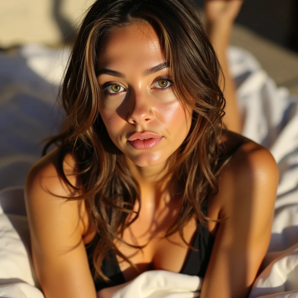 A photorealistic close-up selfie of a stunning brunette woman with long wavy brown hair and striking green eyes, lying on a bed covered with white sheets. She leans slightly forward with one arm stretched out toward the camera, capturing herself in a confident, sultry angle. She wears a black bikini top that enhances her curves naturally, with soft cleavage visible. Warm golden sunlight streams in from the side, highlighting her glowing skin, glossy lips, and facial features with cinematic warmth. The background is blurred white bedding, giving a clean and luxury vibe. Captured as if on a DSLR with shallow depth of field, ultra-human detail, natural skin texture, and lifelike lighting. No other people present.
