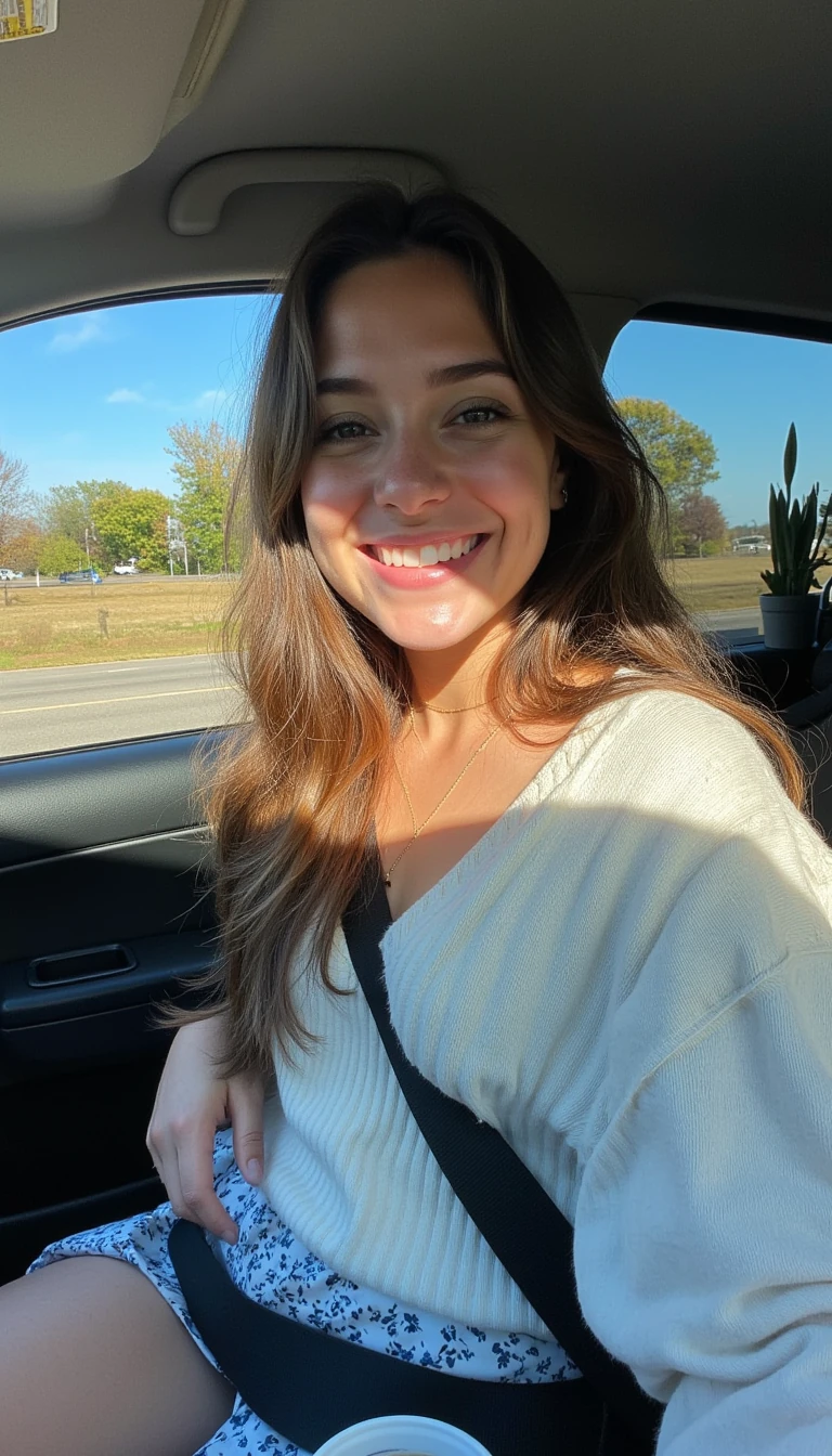 boring low quality snapchat photo circa 2015, A young woman with a warm smile, sitting in the driver's seat of a cozy car. She has soft, wavy brown hair cascading past her shoulders. The sunlight streams through the window, casting a gentle glow on her face. The interior of the car is neat and comfortable, with a coffee cup in the cup holder and a small plant on the dashboard. The background outside the window shows a scenic road lined with trees and blue skies