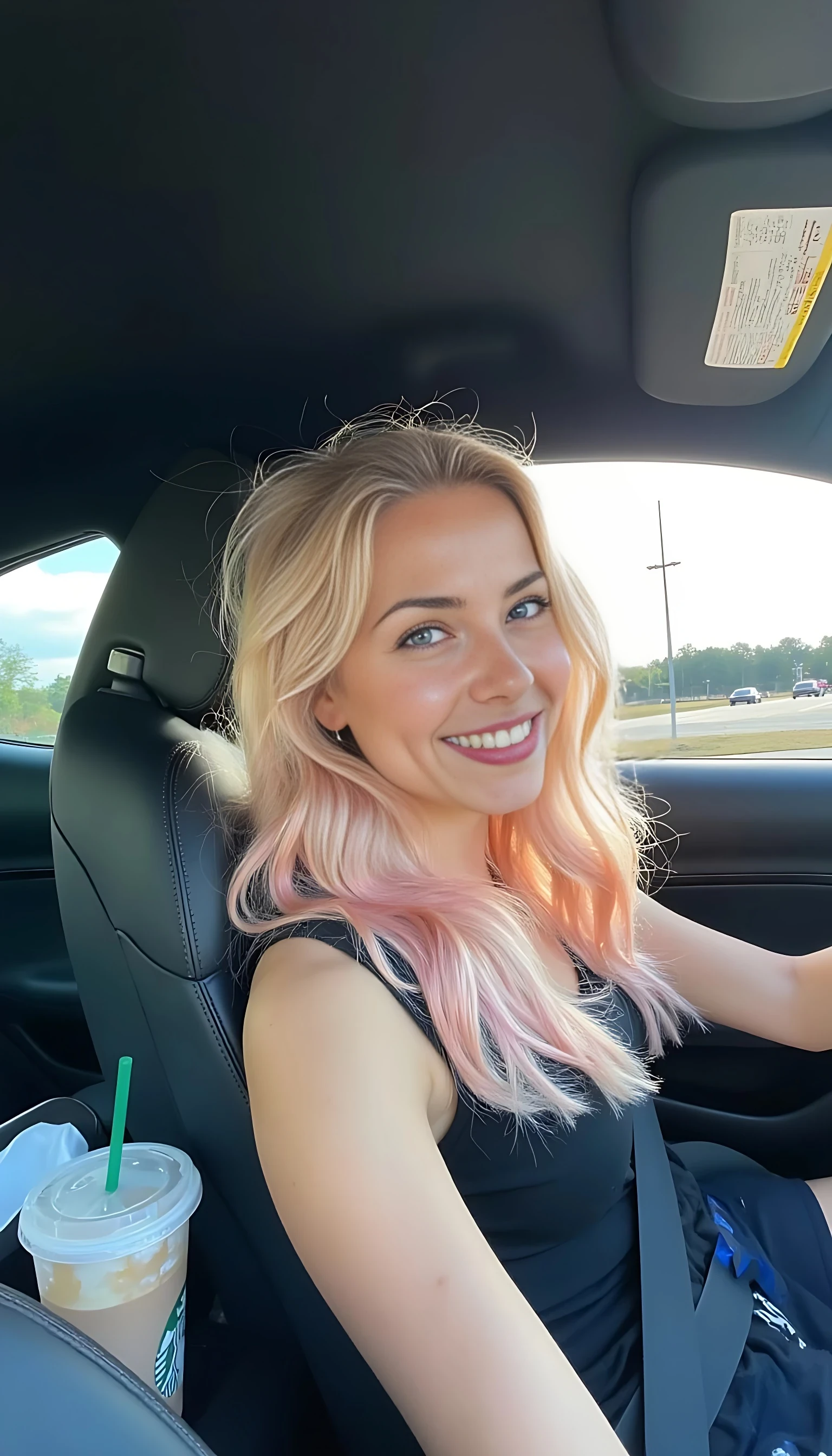 boring low quality snapchat photo circa 2015, A young woman, warm smile, sitting in the driver's seat of a Ferrari  car. She has soft, wavy light pink hair cascading past her shoulders. The sunlight streams through the window, casting a gentle glow on her face. The interior of the car is neat and comfortable, with a Starbucks refresher in the cup holder. The background outside the window shows a scenic road lined with trees and blue skies