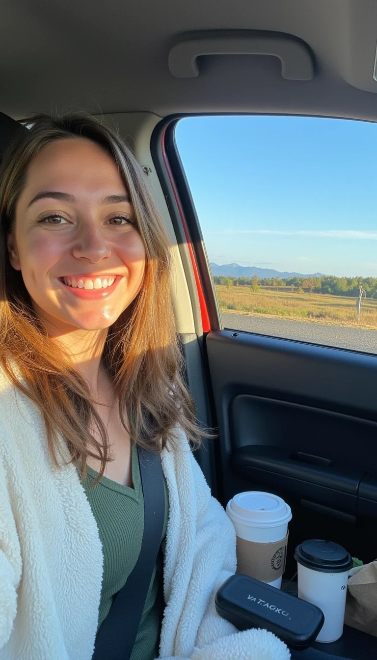 boring low quality snapchat photo circa 2015, A young woman with a warm smile, sitting in the driver's seat of a cozy car. She has soft, wavy brown hair cascading past her shoulders. The sunlight streams through the window, casting a gentle glow on her face. The interior of the car is neat and comfortable, with a coffee cup in the cup holder and a small plant on the dashboard. The background outside the window shows a scenic road lined with trees and blue skies