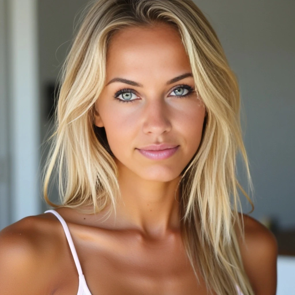 A naturally beautiful 18-year-old Australian woman with a fit, athletic body and glowing tanned skin. She has long, slightly tousled platinum blonde hair with natural volume, falling just past her shoulders. Her face is youthful and symmetrical with soft features, full lips, and light-colored eyes (such as blue or green). Her expression is calm and confident, with a natural, relaxed look. 