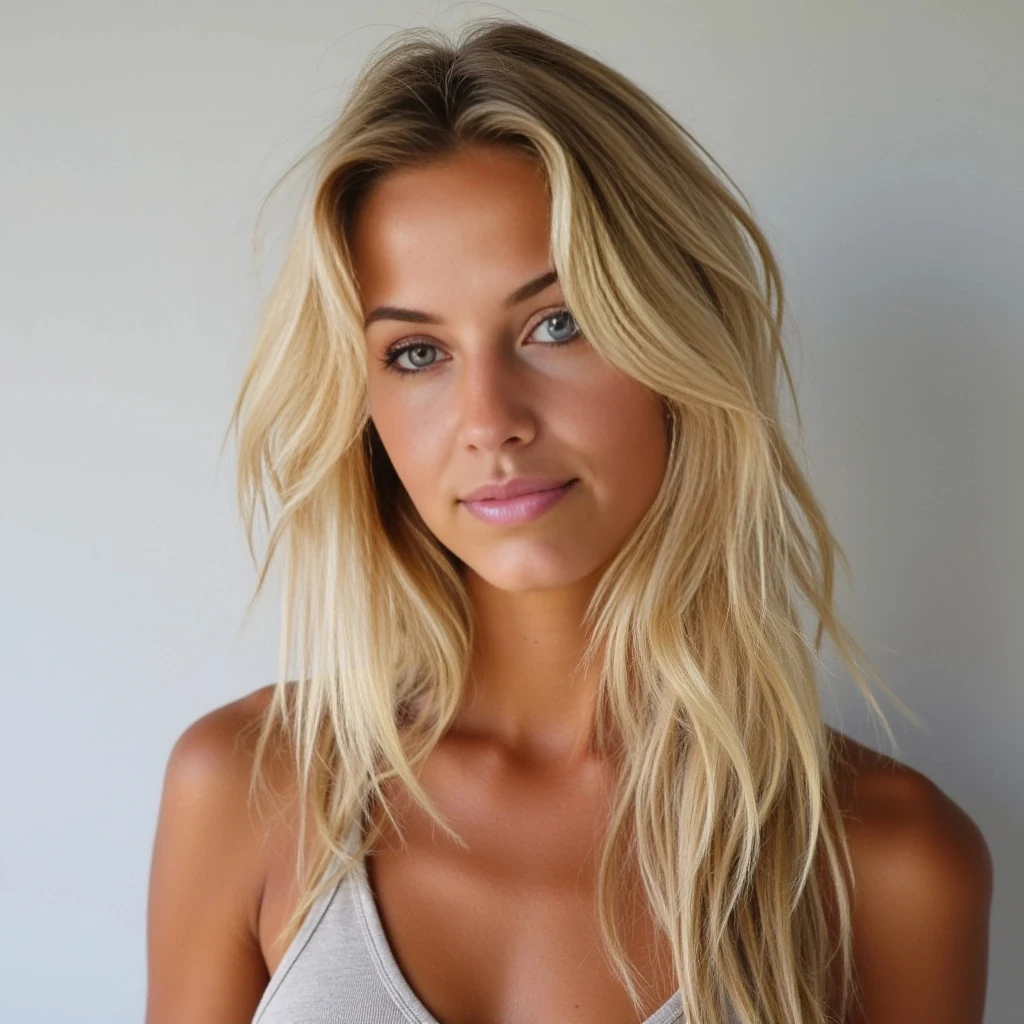 A naturally beautiful 18-year-old Australian woman with a fit, athletic body and glowing tanned skin. She has long, slightly tousled platinum blonde hair with natural volume, falling just past her shoulders. Her face is youthful and symmetrical with soft features, full lips, and light-colored eyes (such as blue or green). Her expression is calm and confident, with a natural, relaxed look. 