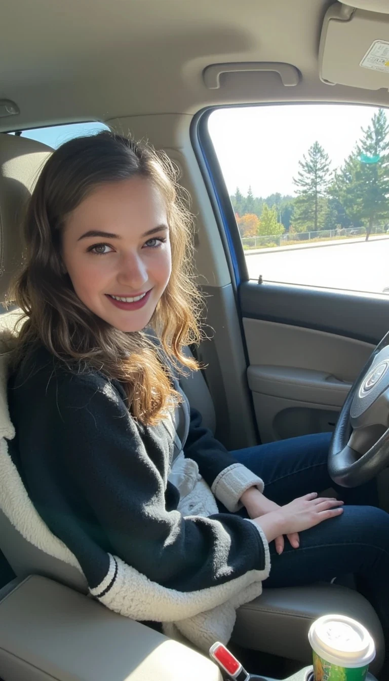 boring low quality snapchat photo circa 2015, A young woman with a warm smile, sitting in the driver's seat of a cozy car. She has soft, wavy brown hair cascading past her shoulders. The sunlight streams through the window, casting a gentle glow on her face. The interior of the car is neat and comfortable, with a coffee cup in the cup holder and a small plant on the dashboard. The background outside the window shows a scenic road lined with trees and blue skies