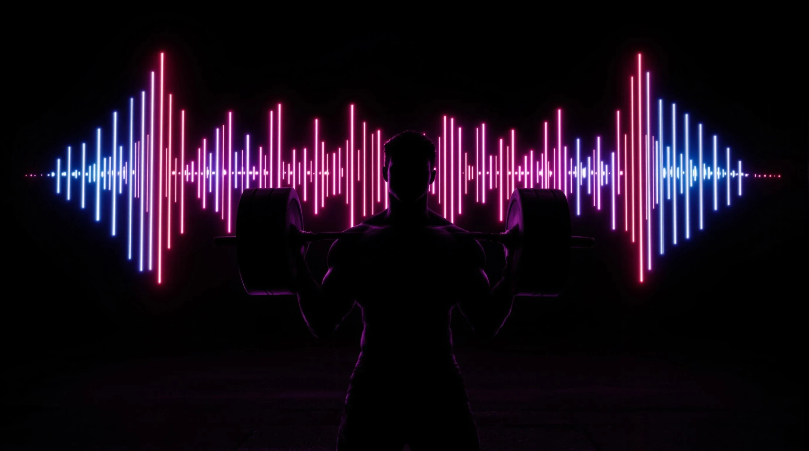 A powerful and dynamic digital artwork featuring the silhouette of a muscular athlete lifting heavy weights. The background is dark with neon-colored sound waves pulsing in the rhythm of music, glowing in red, blue, and purple. The waves are energetic and seem to radiate from the athlete, creating a sense of power and movement. The atmosphere is intense, with subtle lighting effects and a futuristic gym setting. The composition is sleek, high-contrast, and motivational, perfect for a fitness and workout music theme.