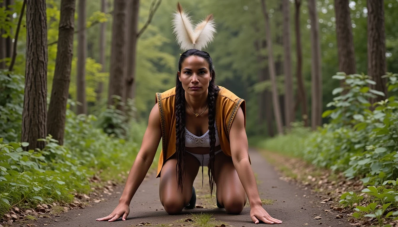 photo of woman CSTMDL, a medium shot photo of, a slim woman, her full body is in the scene, she has a slender petite build with petite small boobs and a flat chest, she has small dark skin nipples with long pointy nipple ducts and small dark skinned areolas, her hair is styled with two long braids she has eagle plumes in her hair, she is not wearing earrings, she is wearing daisy duke denim booty shorts, she is wearing a native American style vest in a golden yellow color over top of her underwear, she is holding her vest open exposing her strapless bra, her bra is a strapless white lace bra, she is wearing white lace panties, she is wearing ankle height smoked hide moccasins, natural lighting, natural light, amateur photography, shot on an iPhone, she is bent over on all fours on the ground with her legs spread wide apart in a densely wooded forest in front of a fat giant native American man, she is maintaining intense eye contact with the camera, a fat giant native American man is directly beside her holding onto her booty, public setting, Hyper realism, 16k, uhd, ultra-sharp focus, perfect meshes and textures, highly detailed, highly accurate reflections, natural lighting, natural light, amateur photography,