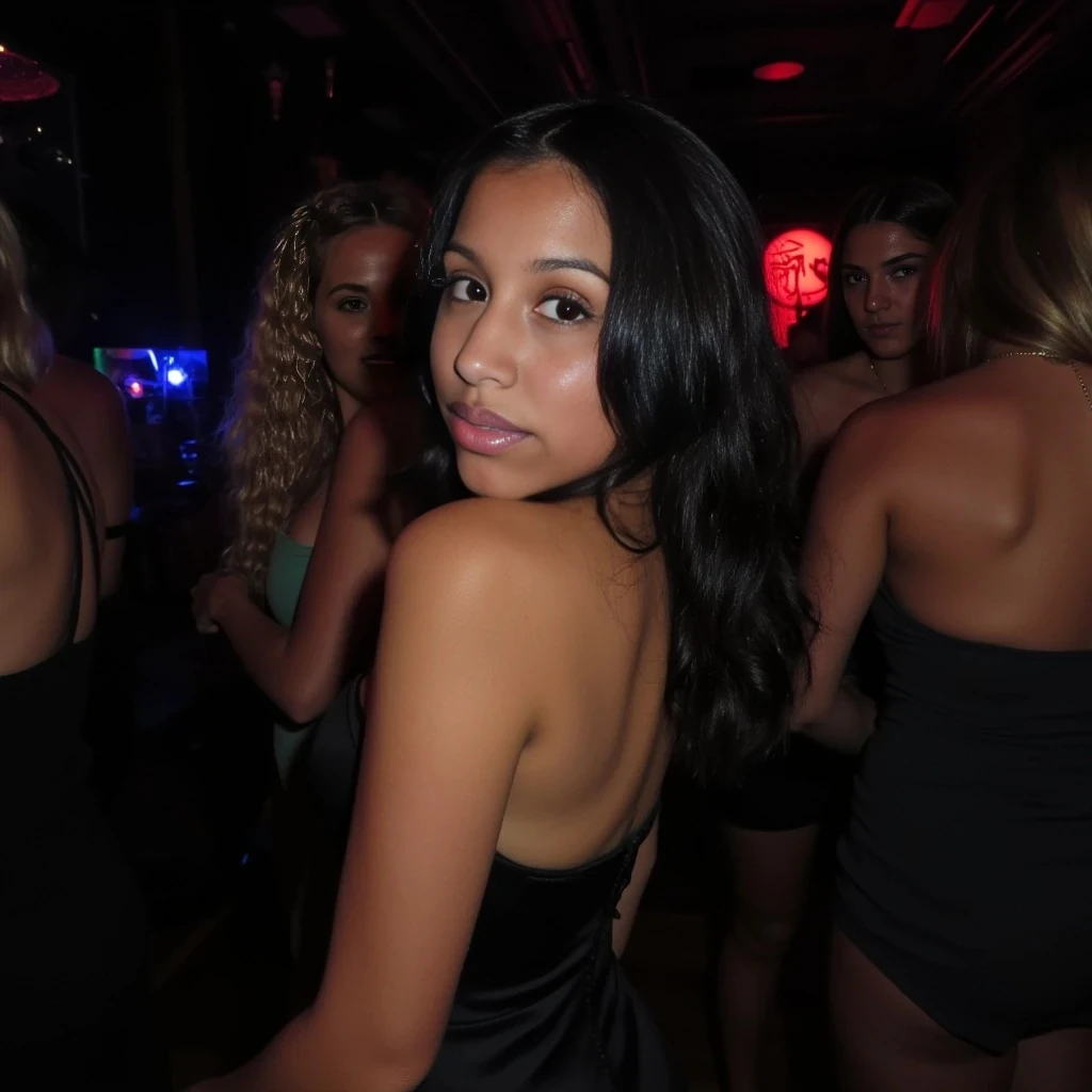 boring low quality instagram photo circa 2020, petite with sexy curves wearing a dress ,with black hair wavy hair, hanging out with friends at a club.
