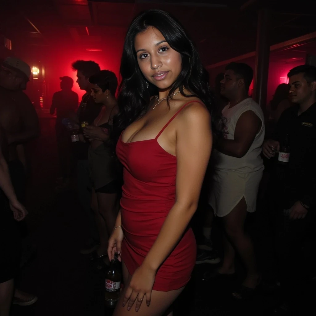 boring low quality instagram photo circa 2020, petite with sexy curves wearing a dress ,with black hair wavy hair, hanging out with friends at a club.