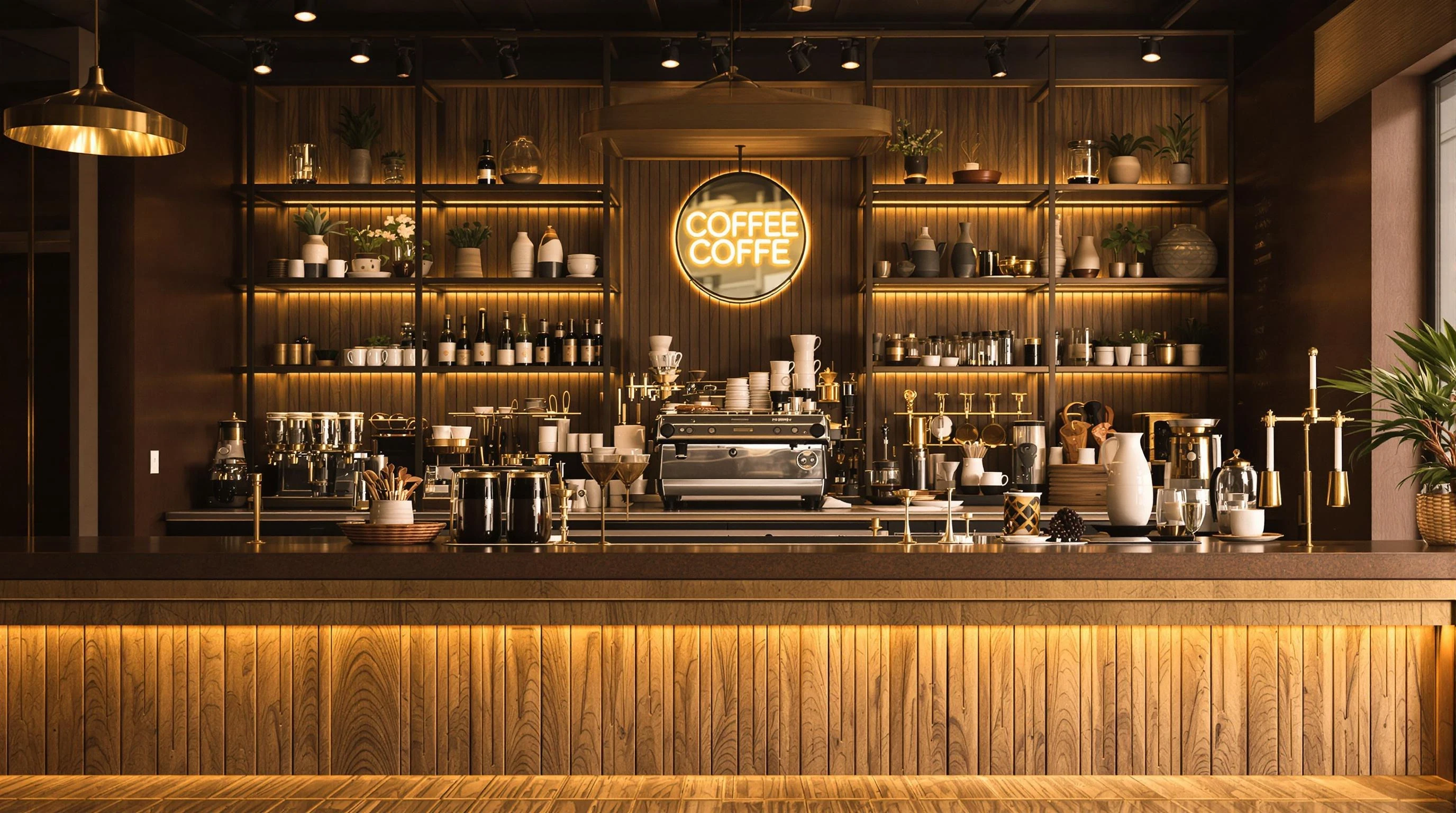 "A cozy café interior focused on a stylish coffee bar and countertop, with warm lighting, espresso machine, cups, coffee beans, and elegant decorations. The scene feels calm and inviting, with wood and brass details, and a quiet atmosphere. Realistic, cinematic, 4K. Text space available on the right."