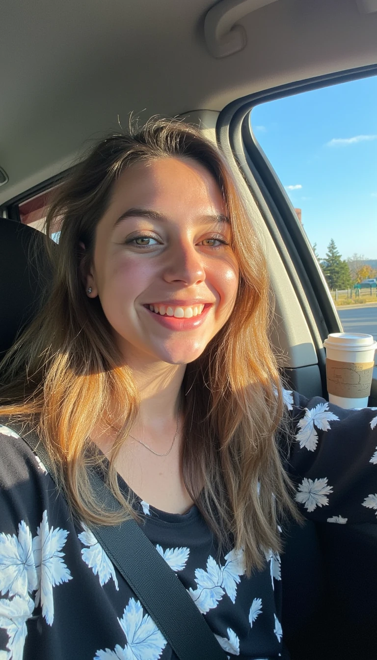 boring low quality snapchat photo circa 2015, A young woman with a warm smile, sitting in the driver's seat of a cozy car. She has soft, wavy brown hair cascading past her shoulders. The sunlight streams through the window, casting a gentle glow on her face. The interior of the car is neat and comfortable, with a coffee cup in the cup holder and a small plant on the dashboard. The background outside the window shows a scenic road lined with trees and blue skies