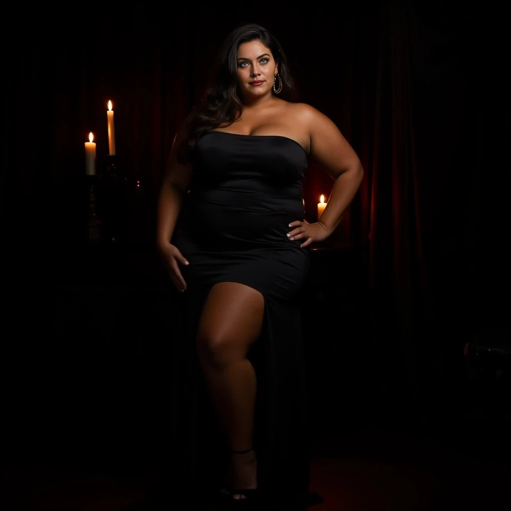 She has a warm caramel skin tone, long wavy brunette hair, and striking light green eyes. Her figure is curvy and balanced—medium-sized natural breasts, a narrow waist, full hips, and soft, toned thighs. She exudes confidence and elegance. She is wearing a form-fitting black satin evening dress with a high slit, paired with black stilettos and gold hoop earrings. Her posture is graceful and poised, one leg slightly forward to emphasize her hourglass silhouette. She stands against a moody, candle-lit backdrop with dark velvet drapery. The lighting is soft and cinematic, highlighting her curves and bone structure. Her expression is sultry yet composed, lips slightly parted as she looks directly at the camera. The mood is dark, mysterious, and powerfully feminine.