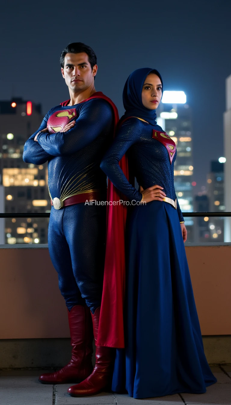 Superman and his girlfriend stand back-to-back on a tall building rooftop, with a brightly lit cityscape at night in the background. She wears a hijab and a loose superhero costume, featuring a blue top with a red 'S' logo on the chest, an elegant flowing blue long skirt, a red cape billowing in the wind, and a matching hijab seamlessly integrated into the costume. The image is taken from the front (front view), close-up showing only from the waist up (waist-up). Both strike a powerful pose: Superman crosses his arms over his chest, while his girlfriend stands tall with hands on her hips. The intricate costume textures, fabric folds, and their serious expressions are vividly detailed, exuding strength and confidence. Cinematic atmosphere, ultra-realistic, highly detailed, with dramatic lighting and vibrant color contrast.