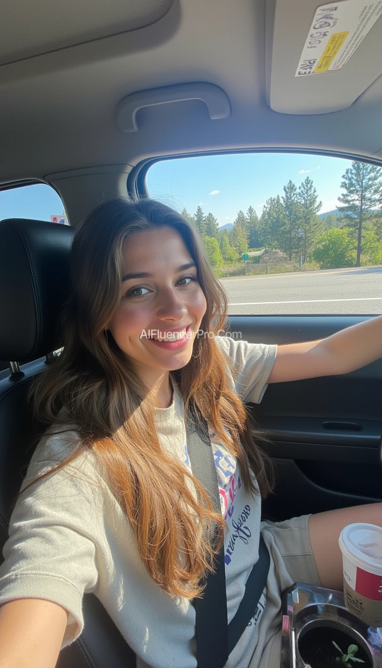 boring low quality snapchat photo circa 2015, A young woman with a warm smile, sitting in the driver's seat of a cozy car. She has soft, wavy brown hair cascading past her shoulders. The sunlight streams through the window, casting a gentle glow on her face. The interior of the car is neat and comfortable, with a coffee cup in the cup holder and a small plant on the dashboard. The background outside the window shows a scenic road lined with trees and blue skies