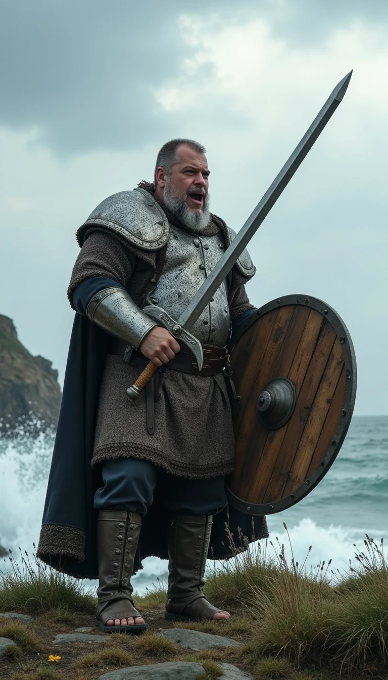 CSTMDL as grey bearded Viking with a viking sword and stylish viking silver shiny Plate armour , standing in warpose on the windy cliff and hold the viking sword forward high over the shield with the left hand, he cry loud out , in his right hand he hold a typically used wooden Viking shield
