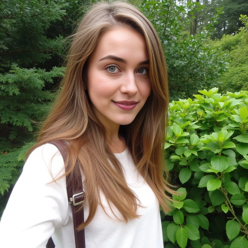 boring low quality snapchat photo circa 2015, cute woman, soft light brown hair, full outfit in the garden