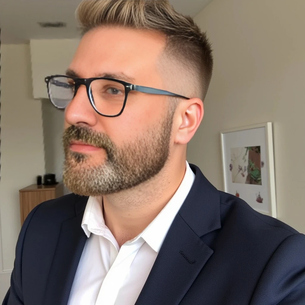 boring low quality snapchat photo circa 2015, cute man, soft light brown hair, standing, full body. Businessman, with exact same haircut. He is wearing a suit and modern reading glasses. Slim but muscular build, with a beard similar to the one in the photo but more groomed. Hair similar to the photo, with both beard and hair having a blonde base and several gray strands, as in the photo.