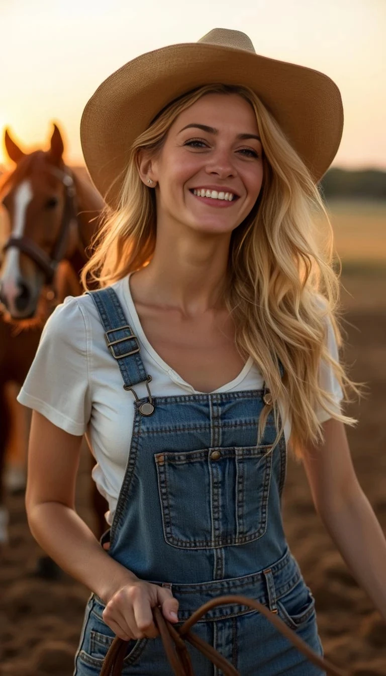 10 photos of a full body shot photo of Sunny in an open field wearing denim overalls with white undershirt.  She is working riding horses.  Her head is up and to the side while she smiles with her blonde hair cascading over her shoulder.  The lighting is warm and gives the setting a cozy, sunset-like glow. She is wearing a straw hat reinforcing the rural or farm-themed environment.