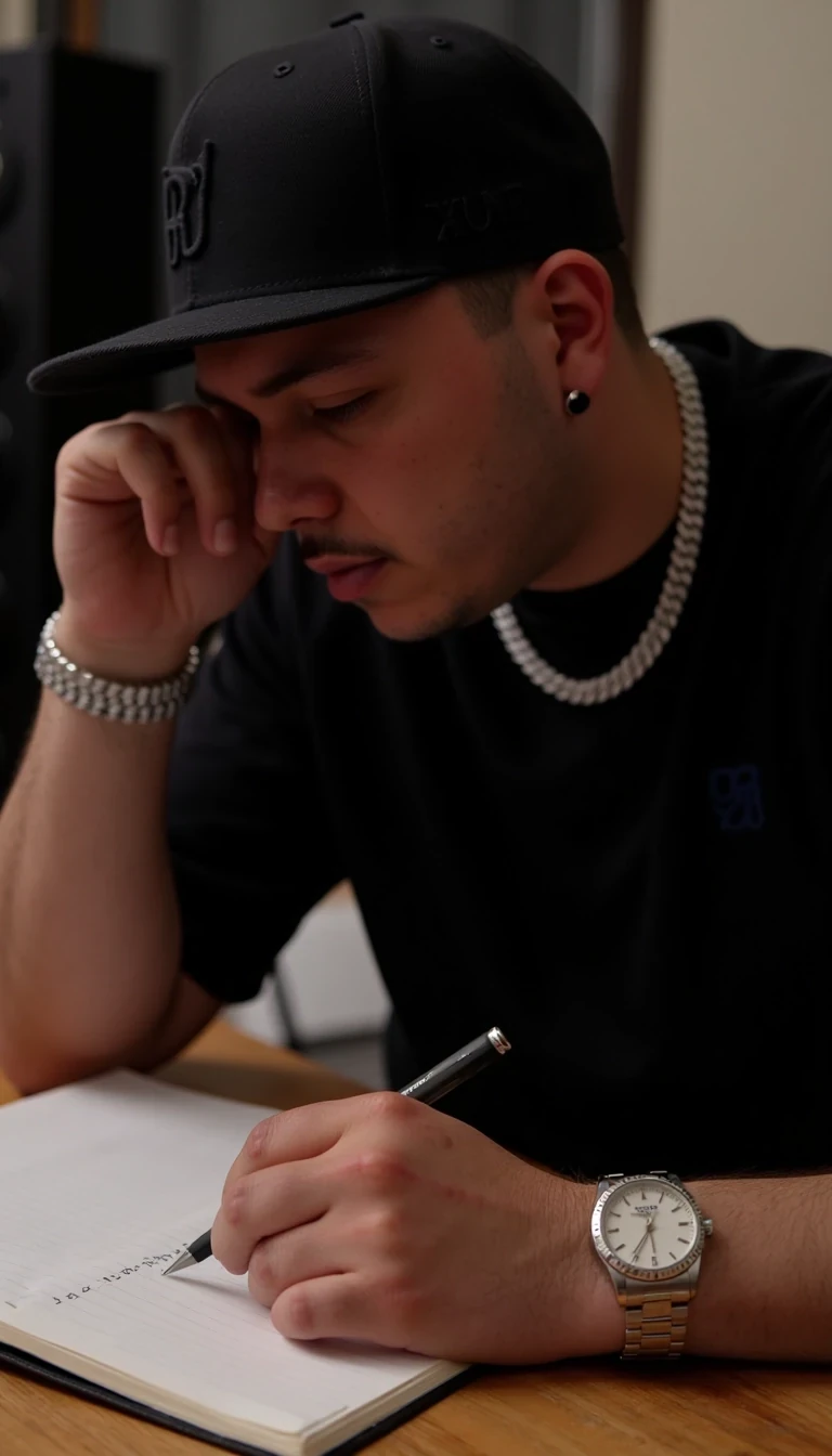 in a music studio, writting on notepad, hiphop, chain on, white gold watch on left wrist, white gold bracelet on right wrist, earrings stud both ears, wearing a fitted hat