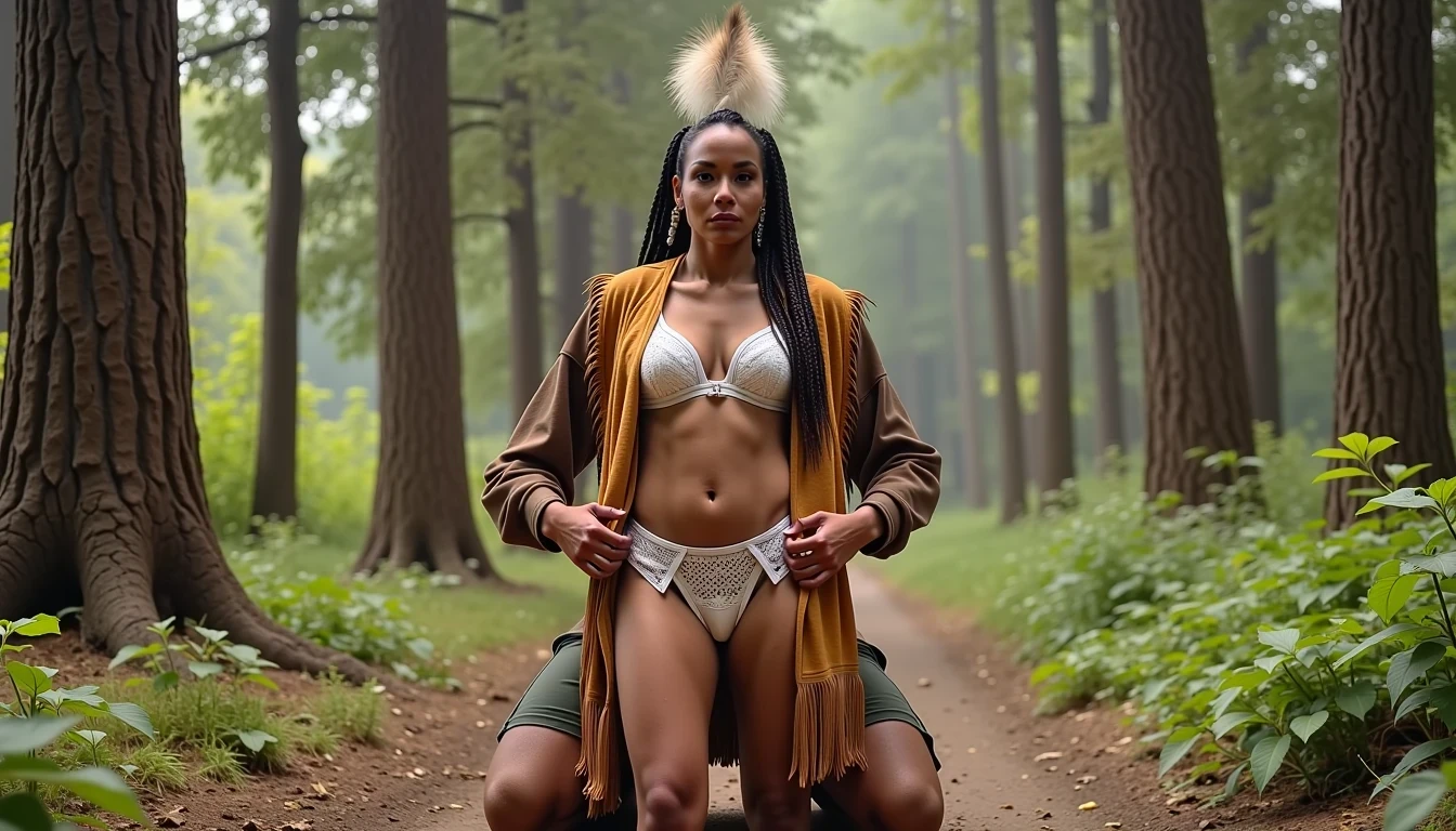 photo of woman CSTMDL, a medium shot photo of, a slim woman, her full body is in the scene, she has a slender petite build with petite small boobs and a flat chest, she has small dark skin nipples with long pointy nipple ducts and small dark skinned areolas, her hair is styled with two long braids she has eagle plumes in her hair, she is not wearing earrings, she is wearing daisy duke denim booty shorts, she is wearing a native American style vest in a golden yellow color over top of her underwear, her vest is open exposing her strapless bra, her bra is a strapless white lace bra, she is wearing white lace panties, she is wearing ankle height smoked hide moccasins, natural lighting, natural light, amateur photography, shot on an iPhone, she is standing with her legs spread wide apart in a densely wooded forest, she is maintaining intense eye contact with the camera, there is a giant native American fat man twice her height kneeling directly behind her holding onto gripping the woman's waistline, the man is holding her in front of him, the man is a real giant twice the height of an average male, public setting, Hyper realism, ultra-sharp focus, highly detailed, natural lighting, natural light, amateur photography,