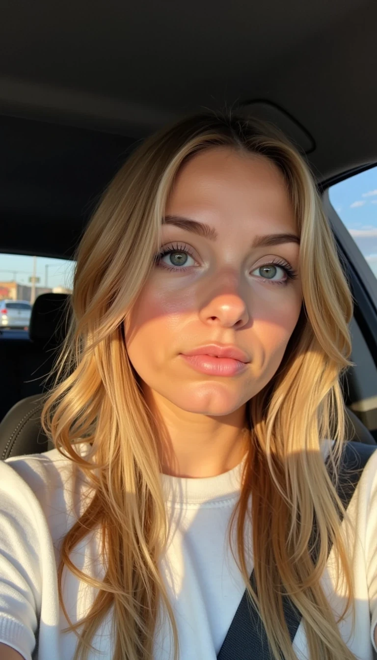 CSTMDL  boring low quality snapchat photo circa 2015, cute girl, soft light brown hair, selfie in a car, The light from the setting sun gives a soft orange glow across her face and upper body, casting long shadow
