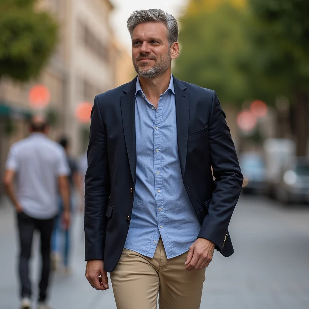 Portrait of 35 year old fit man walking on street