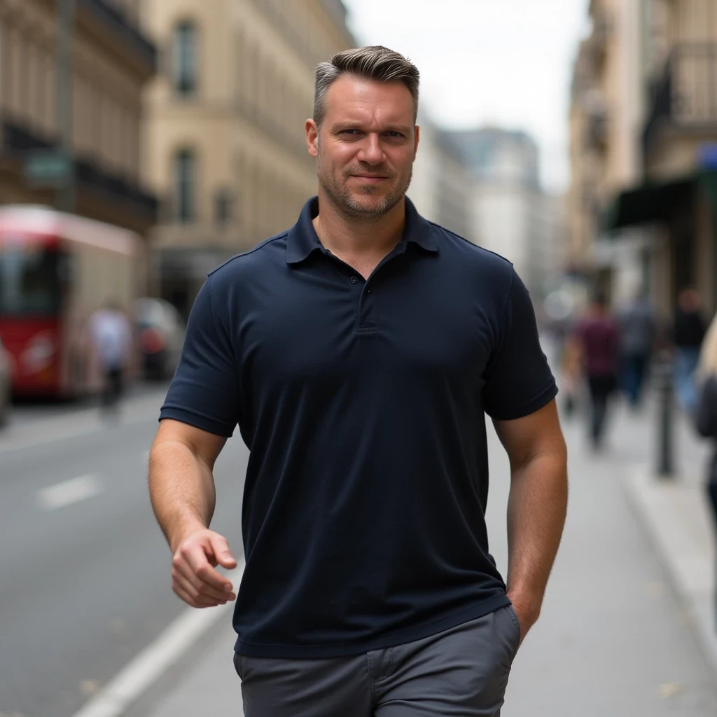 Portrait of 35 year old fit man walking on street