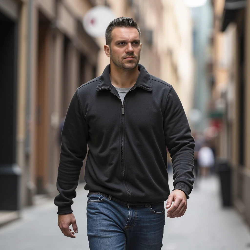Portrait of 35 year old fit man walking on street