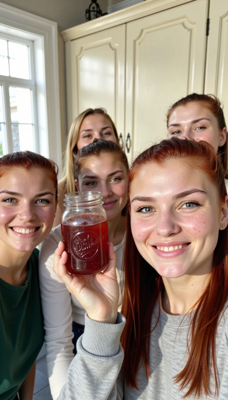 CSTMDL, Isabella red hair green eyes. This photograph captures a group selfie of five young women standing closely together in a brightly lit, indoor setting, possibly a kitchen. The image is taken from a slightly low angle, focusing on their smiling faces. Isabella is in the foreground on the right has red hair, fair skin, and is wearing a light gray, long-sleeved shirt. She is smiling directly at the camera. To her left, a blonde woman (do not use Isabella randomly pick facial features and create a new person) with fair skin and a green shirt is also smiling. In the center, a woman  do not use Isabella randomly pick facial features and create a new person)with brown hair and fair skin is holding up a glass jar filled with a red, chunky substance, likely homemade jam or preserves. She is wearing a res long-sleeved shirt and has a cheerful expression. Behind her, a woman do not use Isabella randomly pick facial features and create a new person)with light brown hair and fair skin, wearing a white top, is smiling. To the far left, a woman with long blonde hair and fair skin, wearing a white shirt, is slightly pouting with a playful expression. The background features cream-colored cabinets with ornate detailing and a window with white frames, allowing natural light to fill the room. The overall mood of the photograph is friendly and cheerful, emphasizing a sense of camaraderie and shared joy.